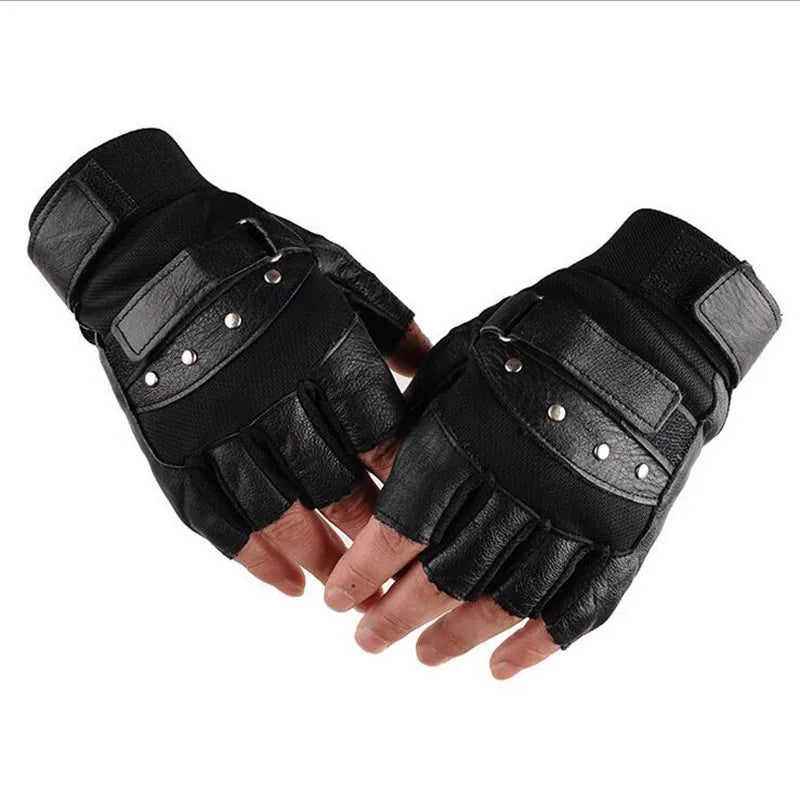Men's Army Military Tactical Half Finger Leather Fitness Gloves Bike Sport Gloves Gym Exercise Men Black Rivets Punk Gloves G135
